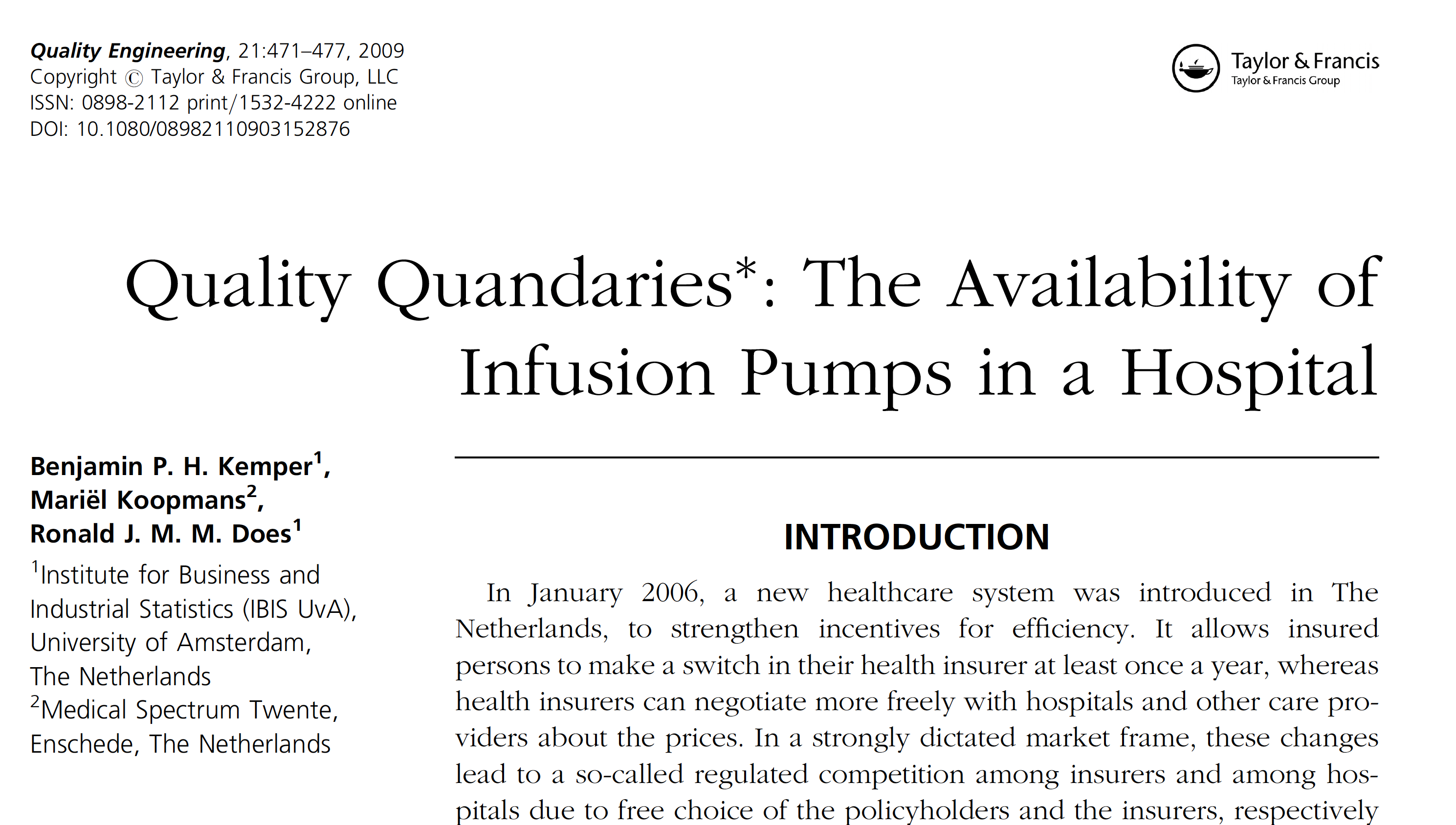 The Availability of Infusion Pumps in a Hospital