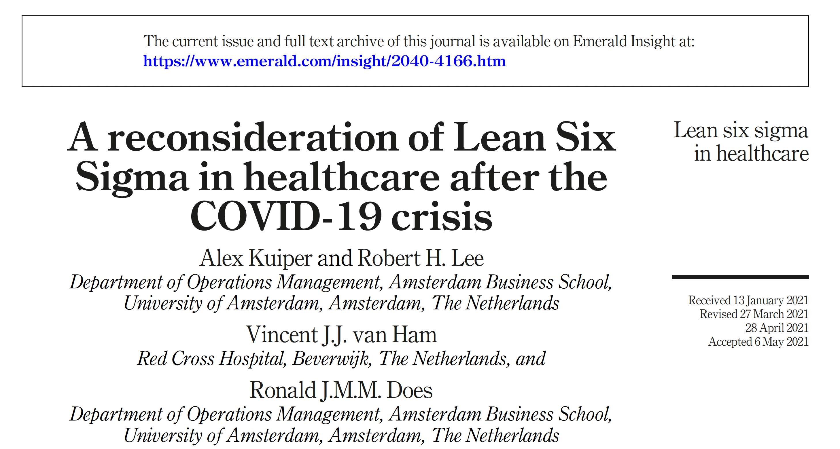 A reconsideration of Lean Six Sigma in healthcare after the COVID-19 crisis